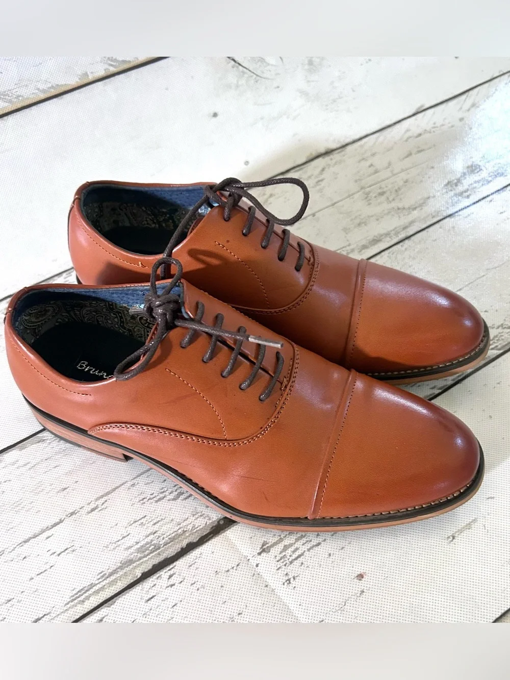 Men's Tan Cap-Toe Oxford Leather Lace-Up Dress Shoes Size 6.5